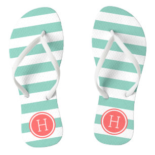 Aqua and Coral Preppy Stripes Monogram Thongs