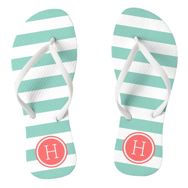 Aqua and Coral Preppy Stripes Monogram Thongs (Footbed)