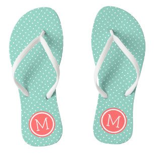 Aqua and Coral Tiny Dots Monogram Thongs