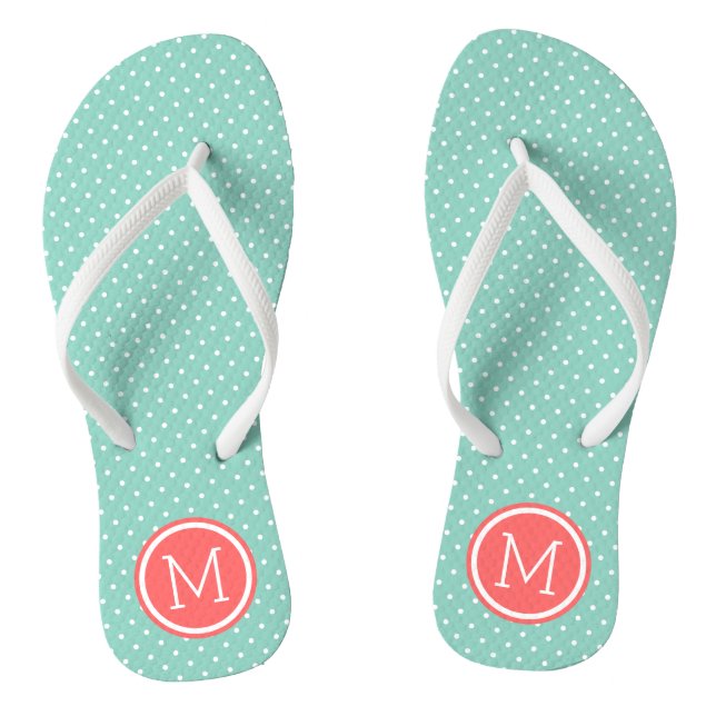 Aqua and Coral Tiny Dots Monogram Thongs (Footbed)
