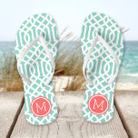 Aqua and Coral Trellis Monogram Thongs<br><div class="desc">Custom printed flip flop sandals with a stylish modern trellis pattern and your custom monogram or other text in a circle frame. Click Customise It to change text fonts and colours or add your own images to create a unique one of a kind design!</div>