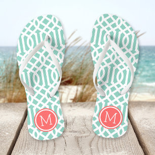 Aqua and Coral Trellis Monogram Thongs