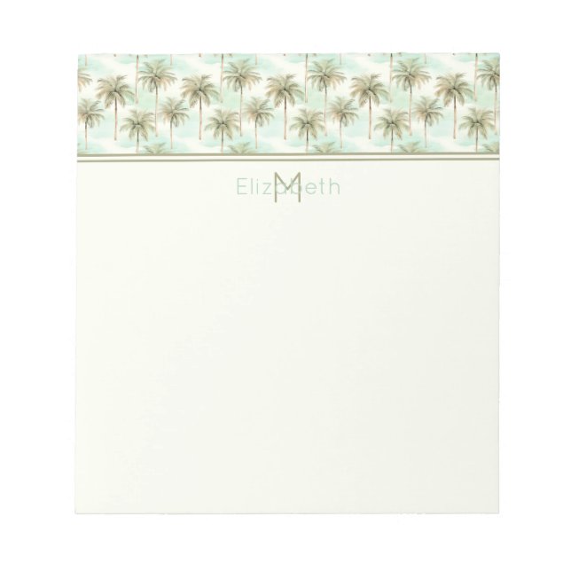 Aqua and Cream Tropical Palm Tree Monogram Notepad (Front)