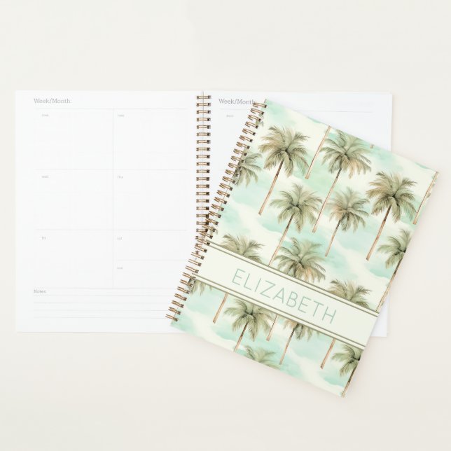Aqua and Cream Tropical Palm Tree Monogram Planner (Display)