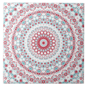 Aqua and Crimson Mandala Pattern Ceramic Tile