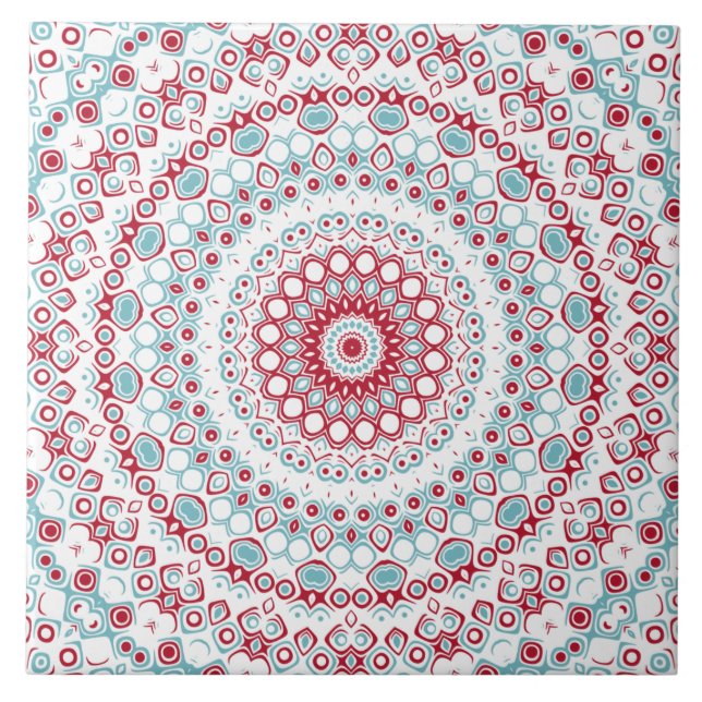 Aqua and Crimson Mandala Pattern Ceramic Tile (Front)