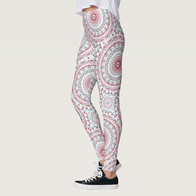 Aqua and Crimson Mandala Pattern Leggings (Left)