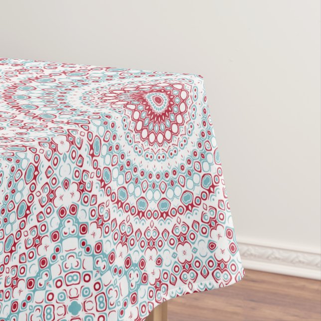 Aqua and Crimson Mandala Pattern Tablecloth (In Situ)