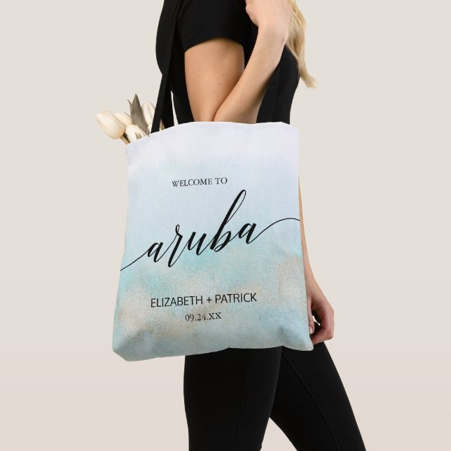 Aqua and Gold Beach Aruba Wedding Welcome Tote Bag (Close Up)