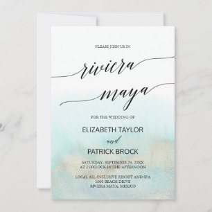 Aqua and Gold Beach Riviera Maya Wedding Invitation