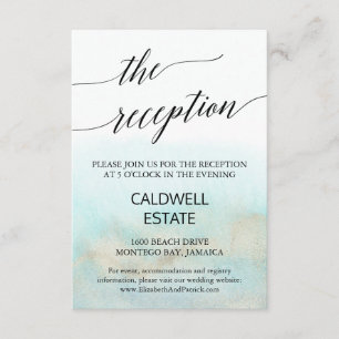 Aqua and Gold Beach Wedding Reception Card