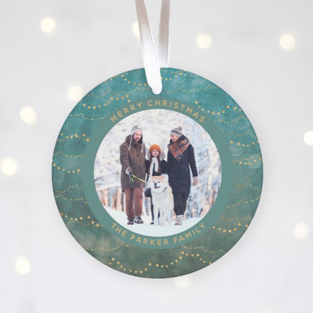 Aqua and Gold Fairy Lights | Two Family Photos Ornament (Creator Uploaded)