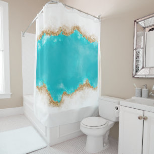 Aqua and Gold Glitter Bathroom Shower Curtain