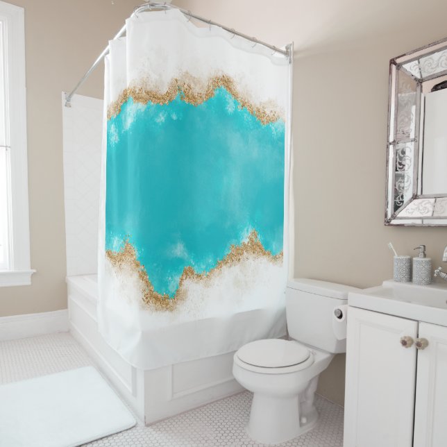 Aqua and Gold Glitter Bathroom Shower Curtain (In Situ)