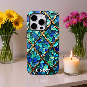 Aqua and Gold Grid Texture iPhone 16 Pro Case