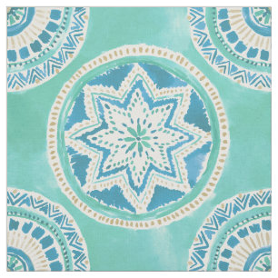 Aqua and Gold MIGHTY MEDALLION Mandala Fabric