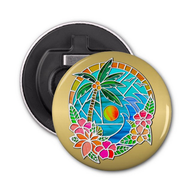 Aqua and Gold Ocean Palm Tree Summer Landscape Bottle Opener (Front)