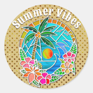 Aqua and Gold Ocean Palm Tree Summer Landscape Classic Round Sticker