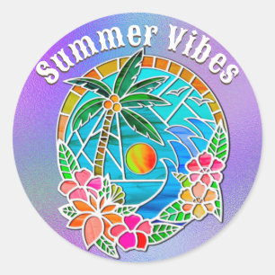 Aqua and Gold Ocean Palm Tree Summer Landscape Classic Round Sticker