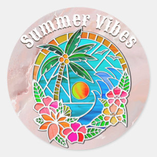 Aqua and Gold Ocean Palm Tree Summer Landscape Classic Round Sticker