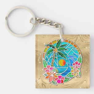 Aqua and Gold Ocean Palm Tree Summer Landscape Key Ring