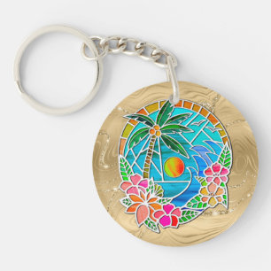 Aqua and Gold Ocean Palm Tree Summer Landscape Key Ring
