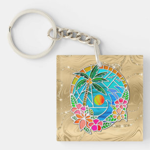 Aqua and Gold Ocean Palm Tree Summer Landscape Key Ring