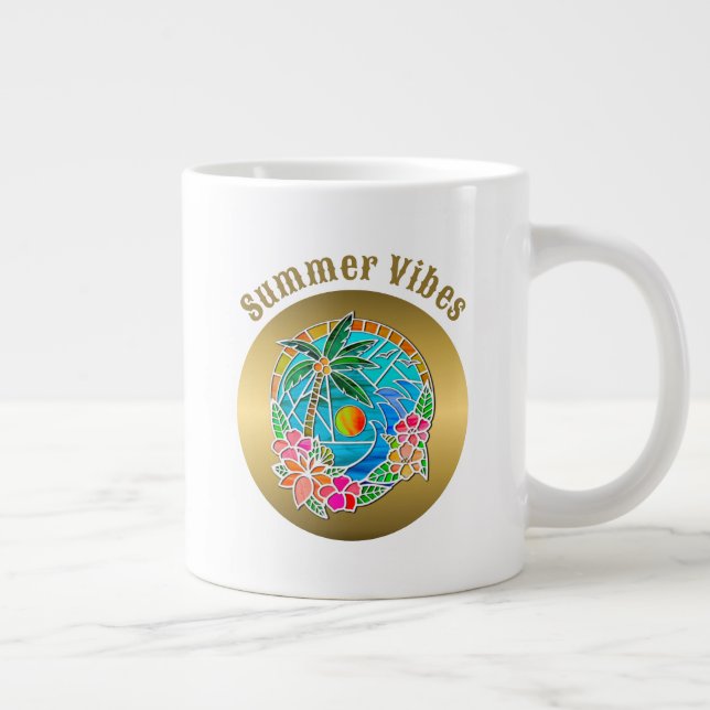 Aqua and Gold Ocean Palm Tree Summer Landscape Large Coffee Mug (Right)