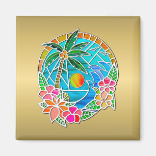 Aqua and Gold Ocean Palm Tree Summer Landscape Magnet