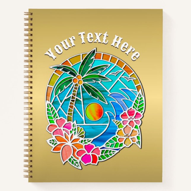 Aqua and Gold Ocean Palm Tree Summer Landscape Notebook (Front)
