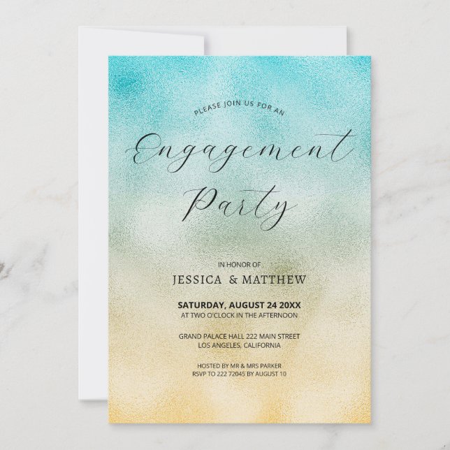 Aqua and Gold Ombre Foil  Engagement Invitation (Front)