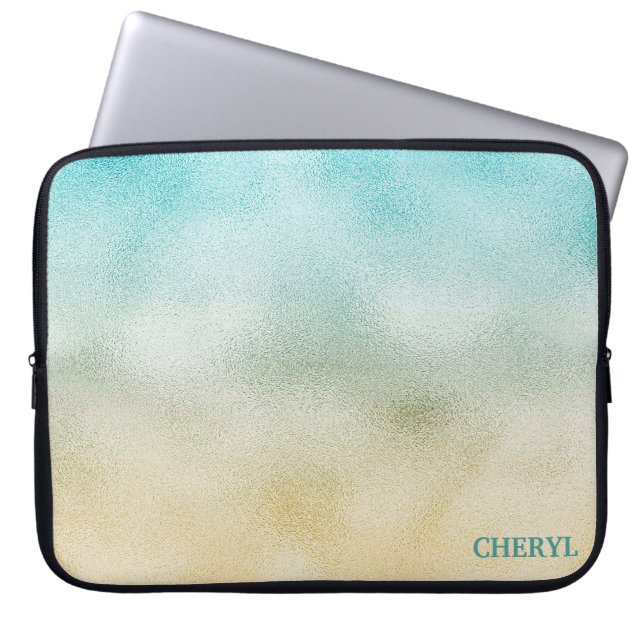 Aqua and Gold Ombre Foil Laptop Sleeve (Front)