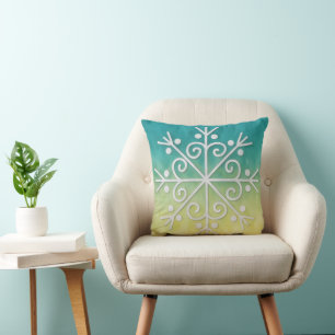 Aqua and Gold Ombre Snowflake Art Pillow