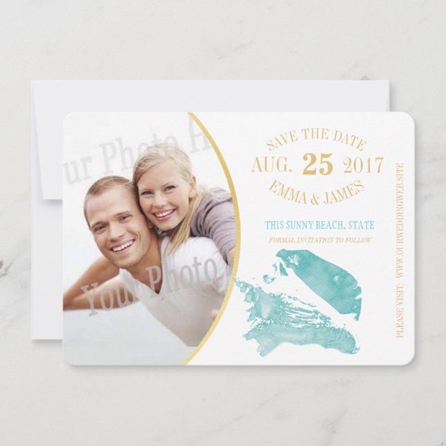 Aqua and Gold Seashell Save the Date (Front)