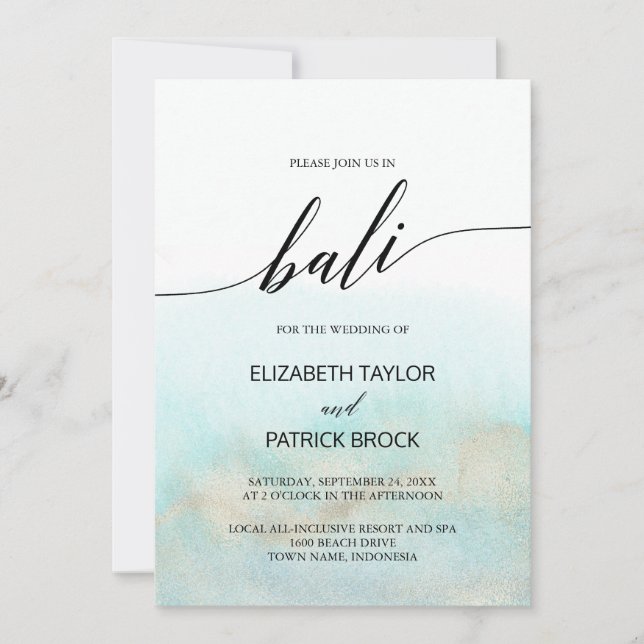 Aqua and Gold Watercolor Beach Bali Wedding Invitation (Front)