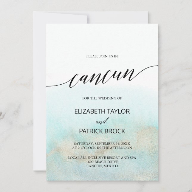 Aqua and Gold Watercolor Beach Cancun Wedding Invitation (Front)
