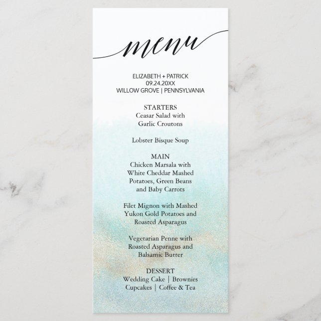 Aqua and Gold Watercolor Beach Dinner Menu Card (Front)