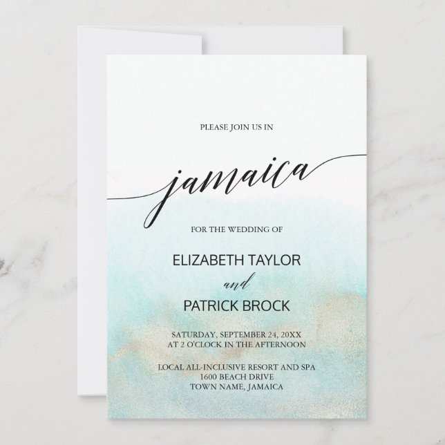 Aqua and Gold Watercolor Beach Jamaica Wedding Invitation (Front)