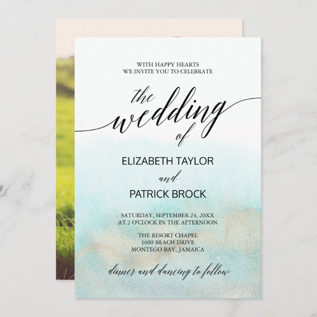 Aqua and Gold Watercolor Beach Photo Wedding Invitation (Front/Back)