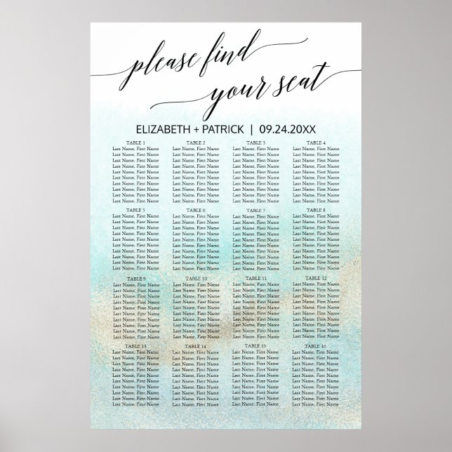 Aqua and Gold Watercolor Beach Seating Chart (Front)