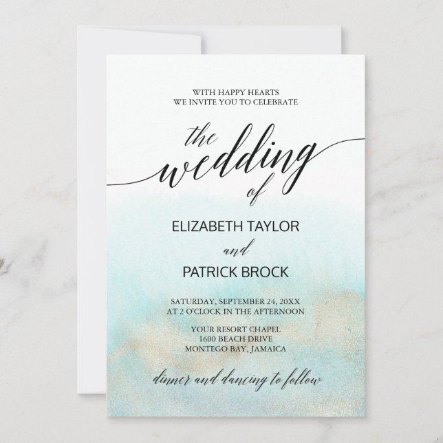 Aqua and Gold Watercolor Beach The Wedding Of Invitation (Front)