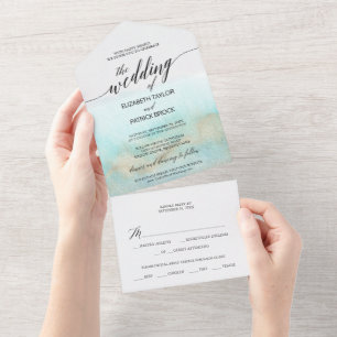 Aqua and Gold Watercolor Beach Wedding All In One Invitation