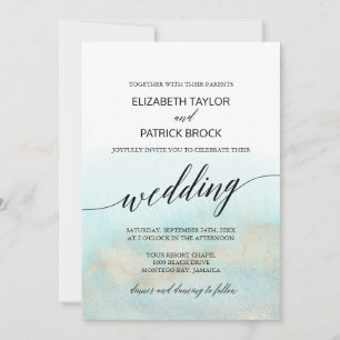 Aqua and Gold Watercolor Beach Wedding Invitation