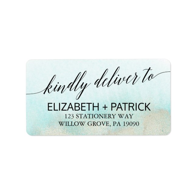 Aqua and Gold Watercolor Beach Wedding Label (Front)