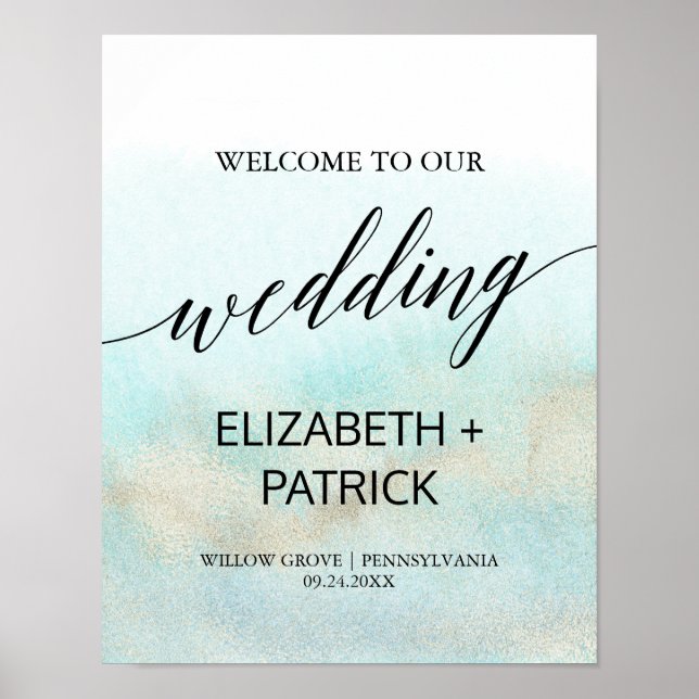 Aqua and Gold Watercolor Beach Wedding Welcome Poster (Front)