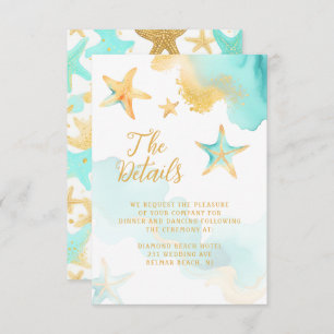 Aqua And Gold Watercolor Beachy Starfish Wedding  Enclosure Card