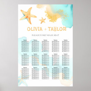 Aqua And Gold Watercolor Beachy Starfish Wedding Poster