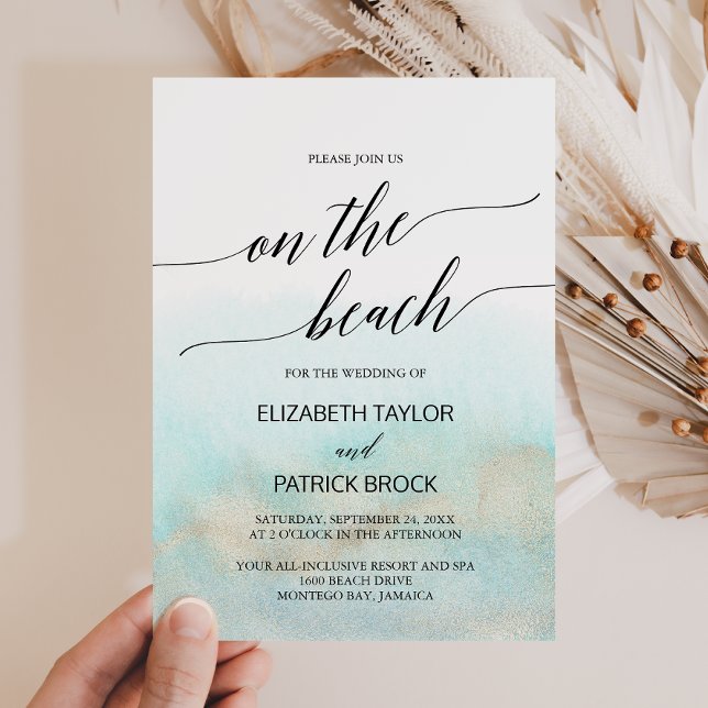Aqua and Gold Watercolor On The Beach Wedding Invitation (Creator Uploaded)