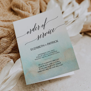 Aqua and Gold Watercolor Order Of Service Wedding Program