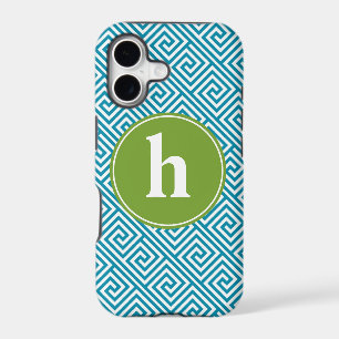 Aqua and Green Greek Key Pattern Monogram